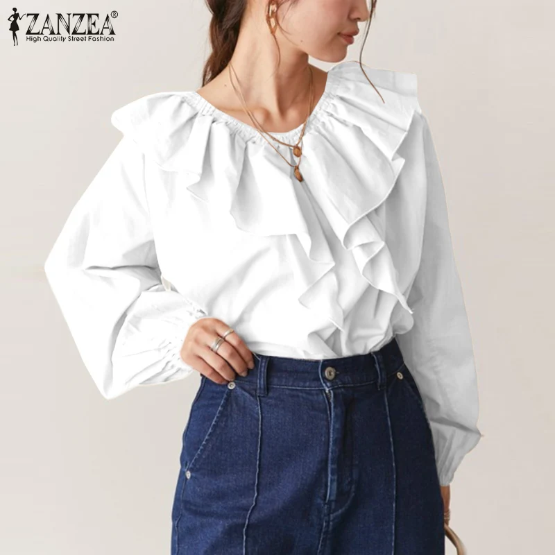 

Корейская стильная блузка с оборками, Женская Повседневная рубашка ZANZEA с длинным рукавом и V-образным вырезом, элегантная мешковатая рубашк...