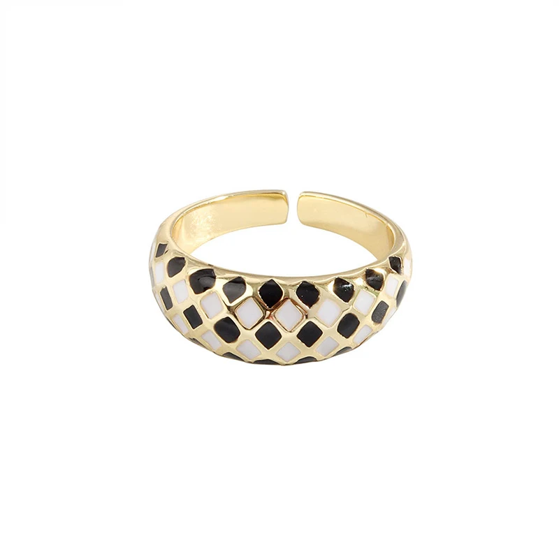 

925 Sterling Silver Retro Black and White Checkerboard Open Rings for Women European and American Square Personality Finger Ring