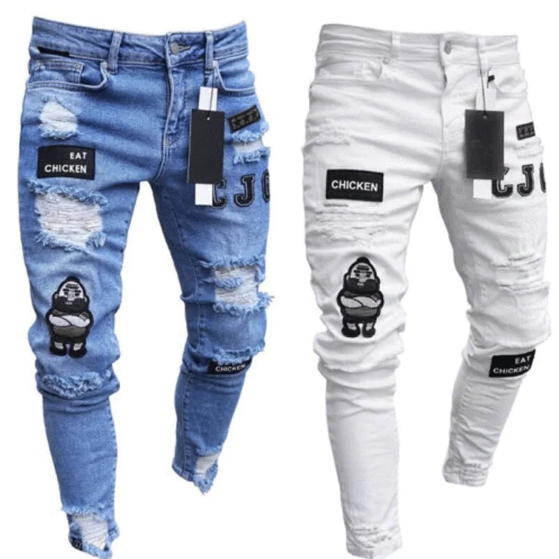 

2022 Bottoms 3 Styles Stretchy Ripped Skinny Biker Embroidery Print Jeans Destroyed Hole Slim Fit Scratched High Quality Jean