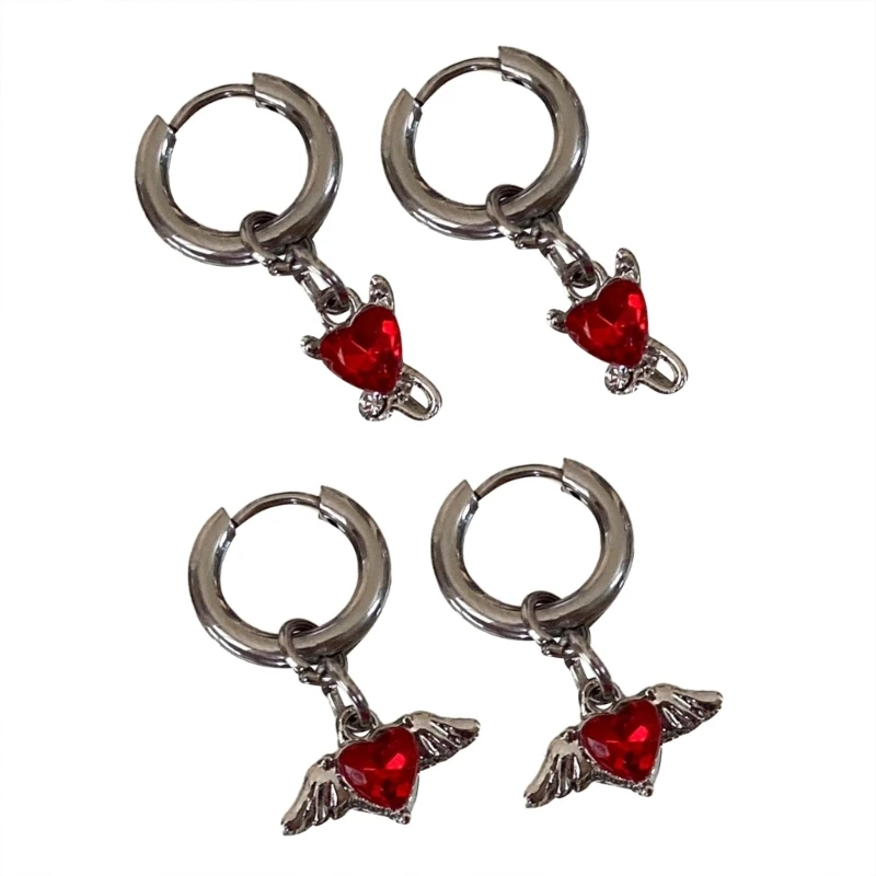 

E0BF Fashion Red Heart Hoop Earrings Sweet Cool Crystal Dangle Earrings Street Style Pendant Aesthetic Jewelry Y2K Accessory