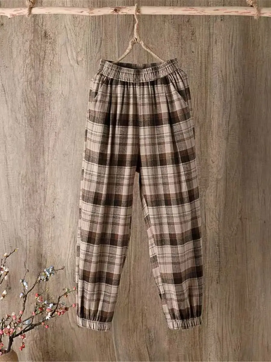 Брюки женские клетчатые в стиле Харадзюку модные султанки японском повседневные
