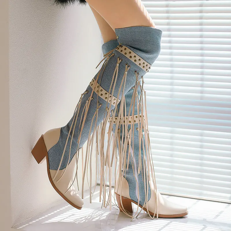 

IPPEUM Denim Western Cowboy Tassels Fringe Over the knee Boots For Women 2023 Vintage Retro Point Toe Cowgirl Boots Shoes