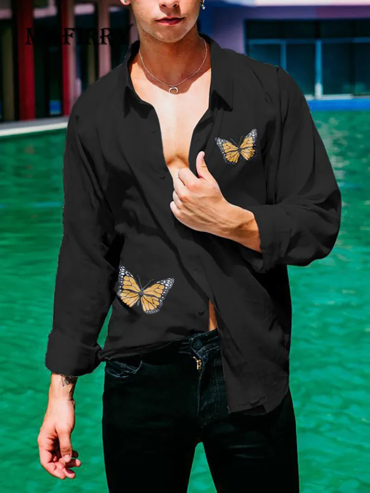 

Spring Autumn Men Daily Style Cardigan Butterfly Printing Long Sleeve V-Neck Mens Shirts Casual Fashion Streetwear Dropshipping