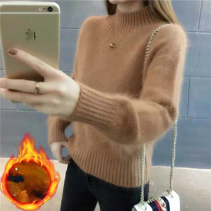 

Winter Women Pullover Sweater Fashion Half Turtleneck Knitted Jumper Loose Imitation Mink Velvet Knitted Sweater Femme Tops Q700