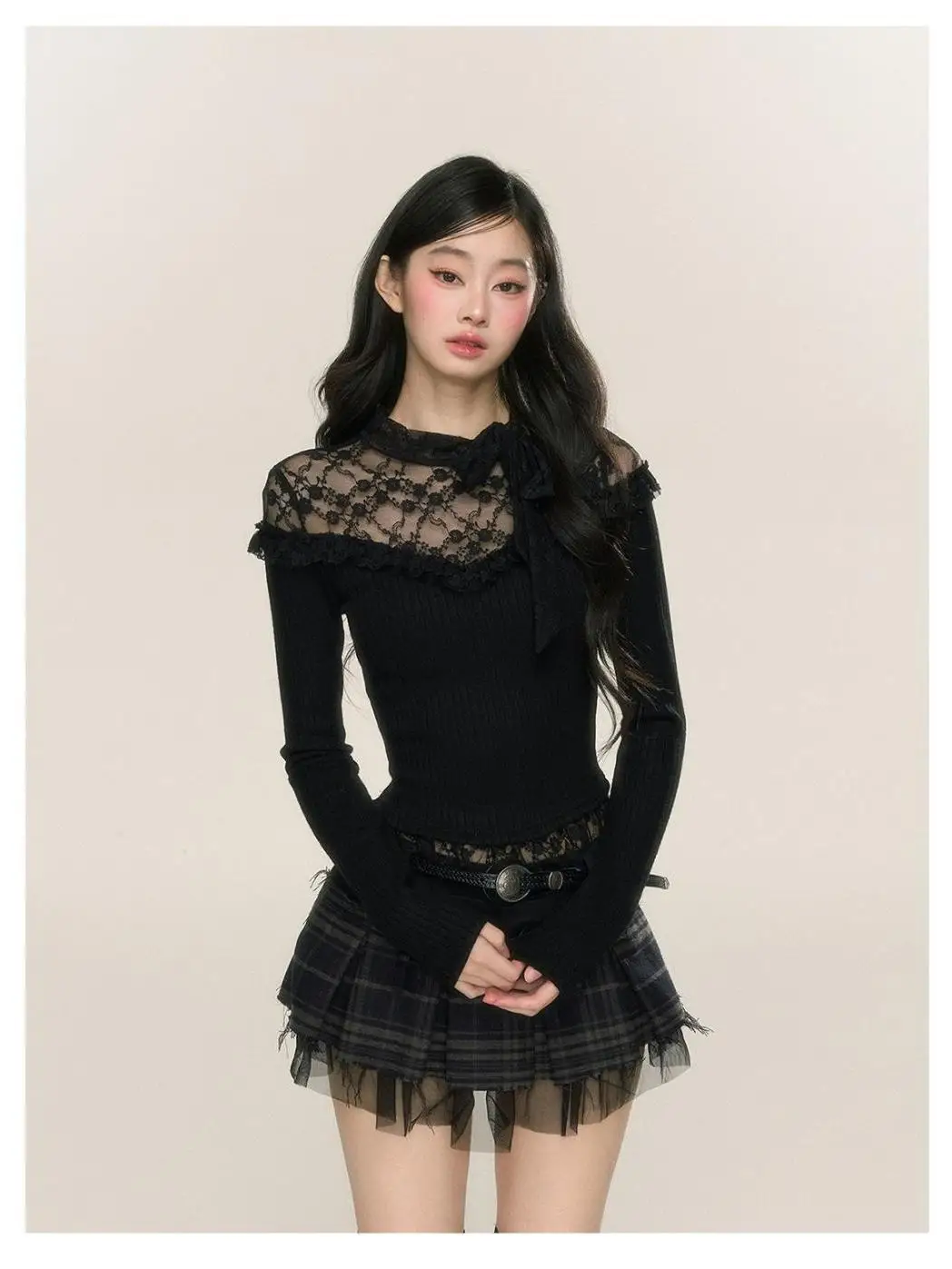 Черная рубашка Fungus Edge Sweet Spicy Splicing Base для женщин осень-зима новая блузка с длинными