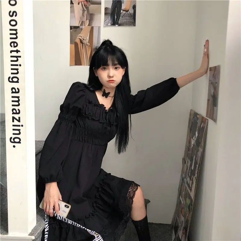 Японское готическое платье в стиле Харадзюку женские черные винтажные кружевные