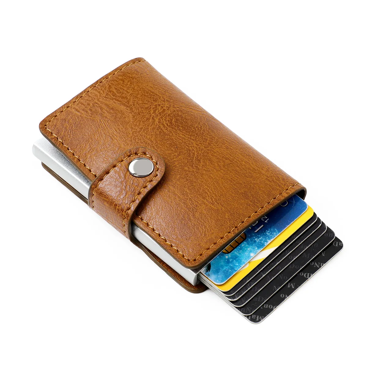 

Vintage Men Credit Card Holder Aluminum Alloy ID Card Case Automatic Male Metal Leather Cardholder Wallet Card Holder Wallet