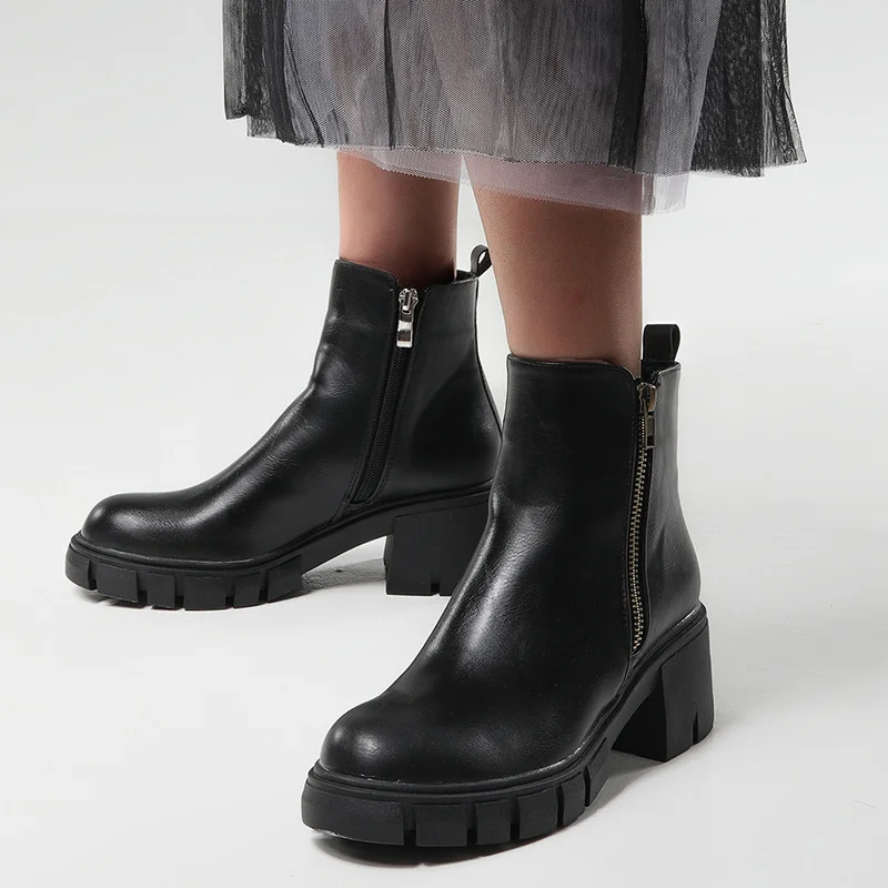 Ankle Boots Thick Soled Women's Leather Boots Round Head Elastic Belt Fashionable Thick Soled Women's Shoes Genuine Leather New