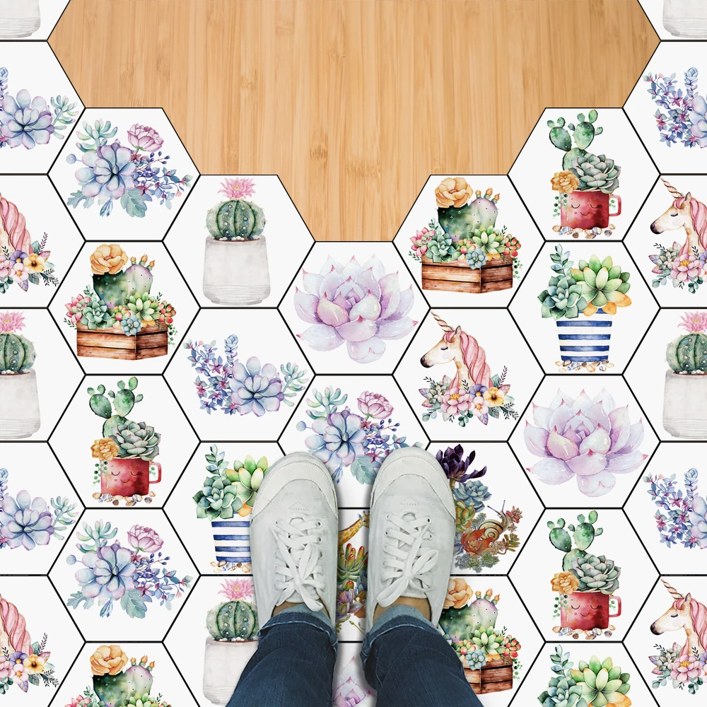 

10pcs Cactus Plant Pattern Hexagon Tile Wall Floor Sticker Kitchen Bathroom TV Sofa Wall Home Decor Peel & Stick Art Wall Decals