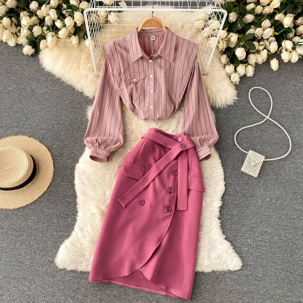 

Spring Women New Fashion Stripe Print Long Sleeve Shirts Tops High Waist Slim Bodycon Pencil Skirt Two-piece Elegant Sets