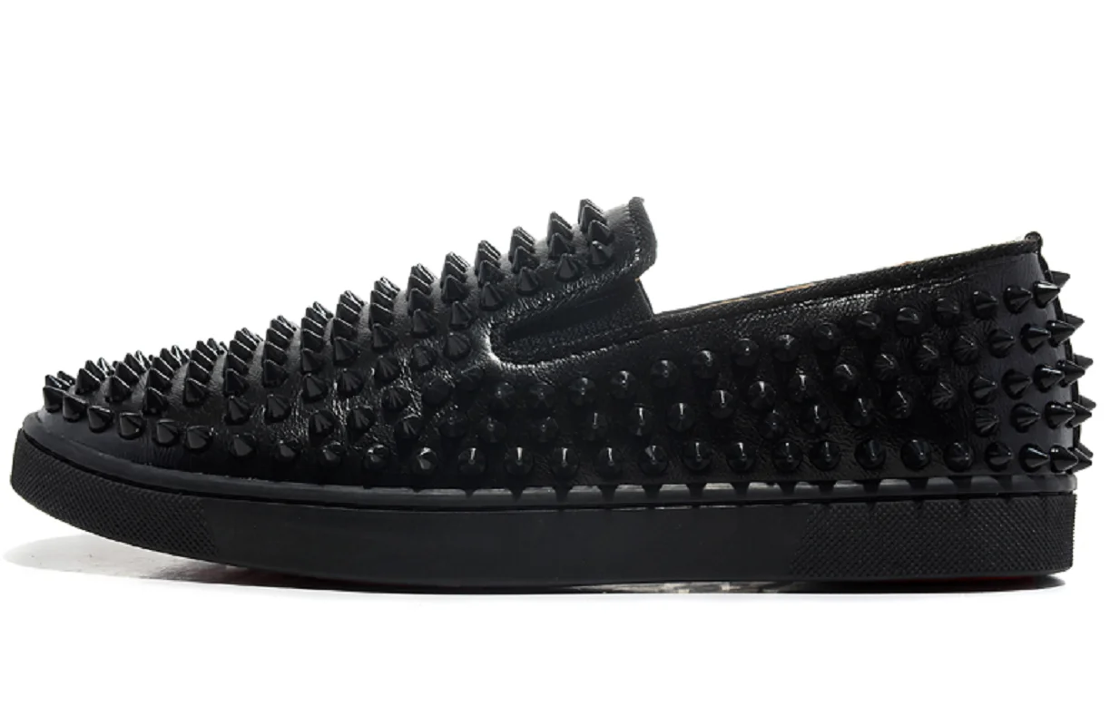 

Fashionable design all black low top men's shoes flat bottomed shoes red bottomed loafers casual shoes round head sneakers