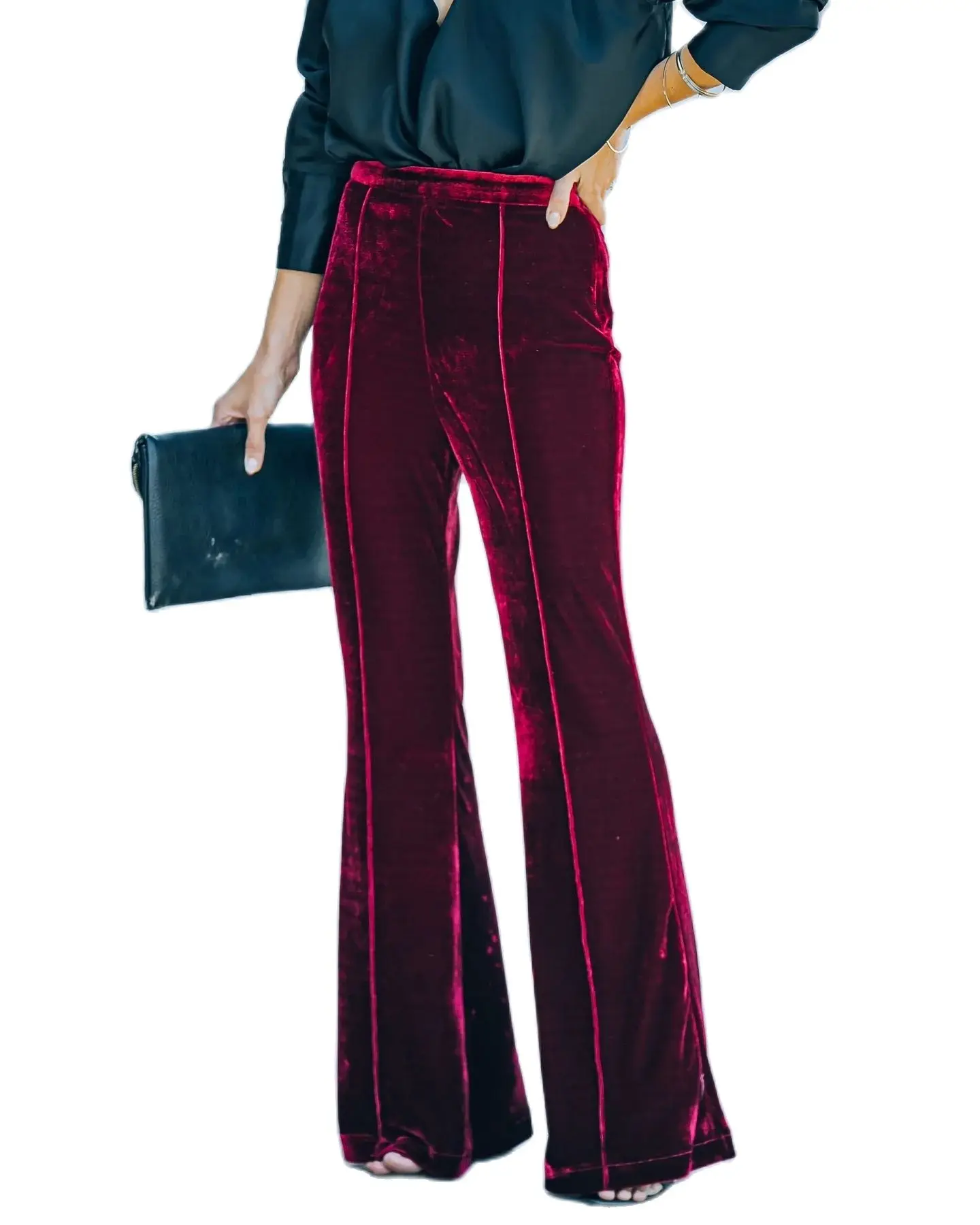 

2023 New Women's Velvet Velour Corduroy Flare Pants Elastic Waist Bell Bottom Trousers
