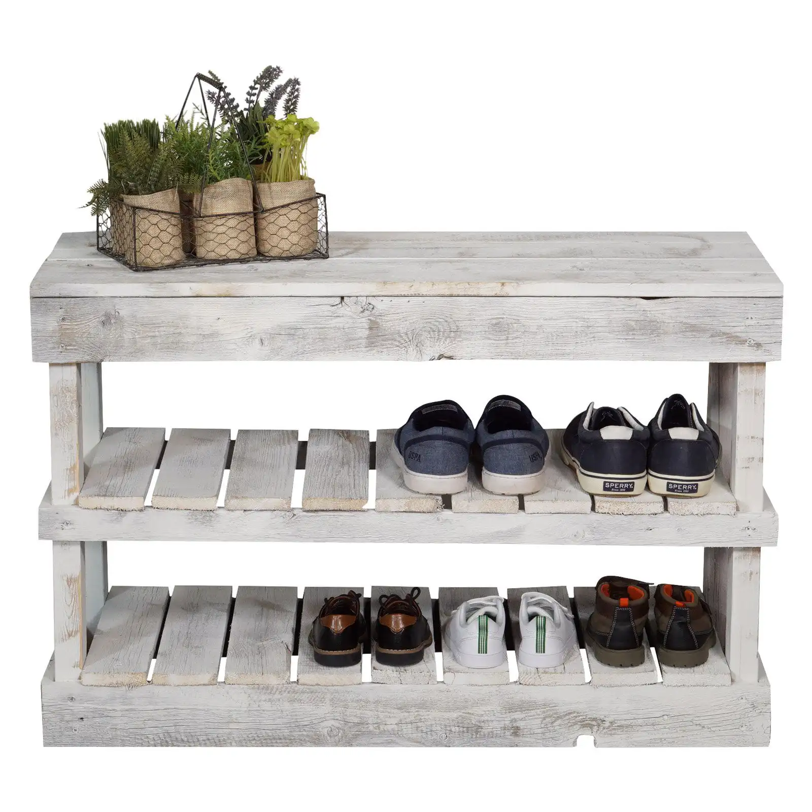 

#Woven Paths 2 -Tier Shoe Rack Bench, Rustic White