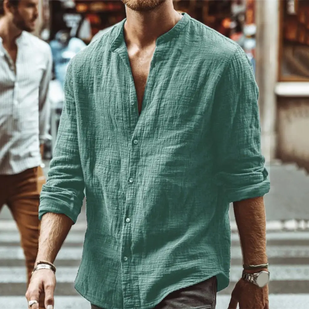 

Men Shirt Solid Color Wear-resistant Cardigan Single-breasted Stand Collar Line Blend Summer T-shirt Daily Clothes