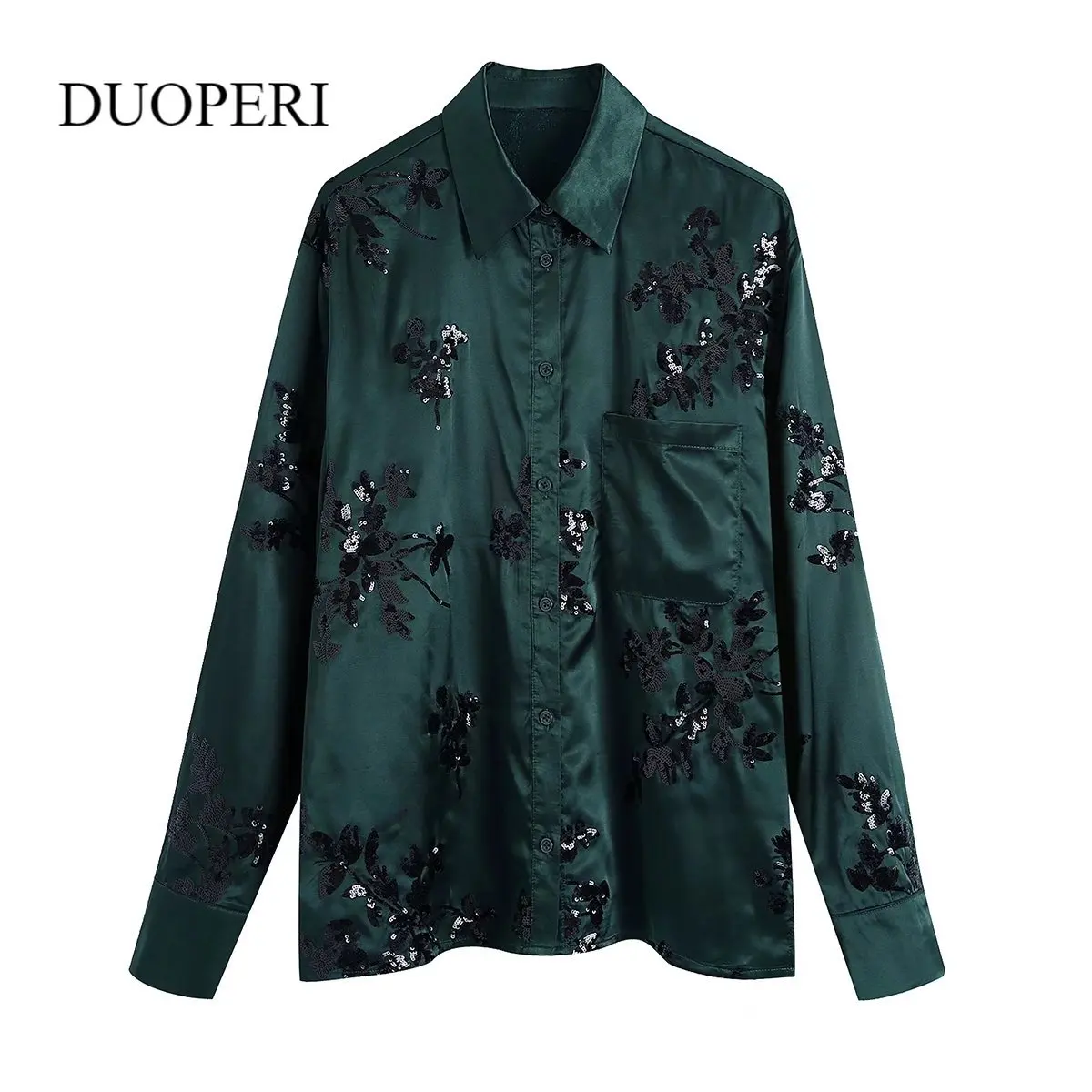 

DUOPERI Women Fashion Single Breasted Embroidery Blouse Vintage Long Sleeve Lapel Neck Female Shirts Chic Tops
