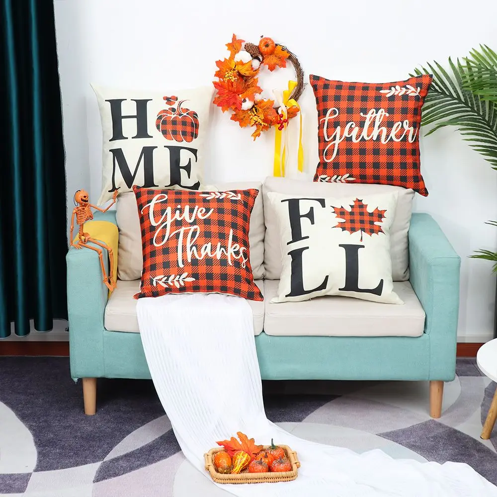 

18x18 Inch Plaid Thanksgiving Hello Fall Happy Harvest Fall Pillow Covers Autumn Decor Throw Cushion Case