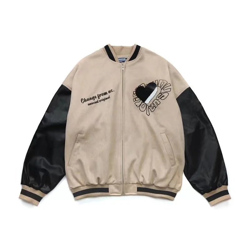 

Bomber Jacket Men Heart Letter Embroidery Hip Hop Patchwork Leather Harajuku Varsity Jacket Winter Oversize Baseball Coat Unisex