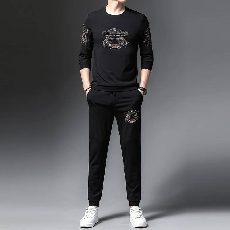

MLSHP Long Sleeve Mens Sets Luxury Spring Autumn Round Collar Printed Male Sweatshirts Fashion Elastic Waist Black Man Pants 3XL
