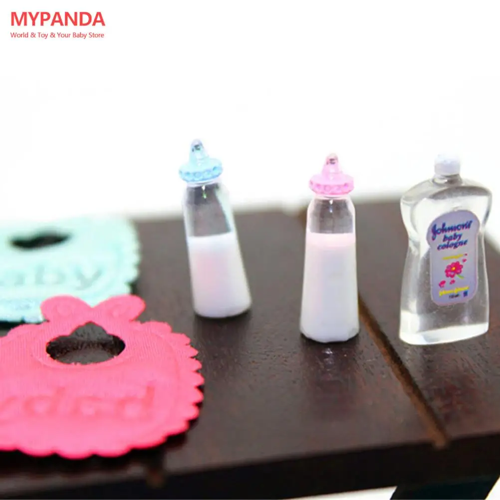 

Hot sale 1set 1:12 Dolls House Miniature Baby Bottles Shampoo Bibs Set Nursery Accessory Gift