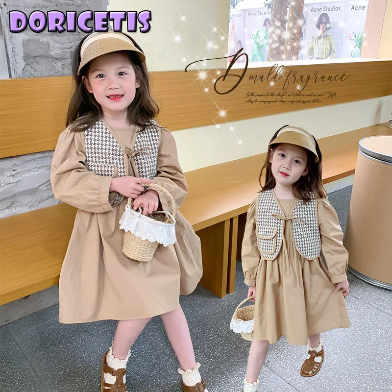 

Children Dress Solid Color Long Sleeve Plaid Vest Suit Skirt Little Girl New Style Spring Outdoor Activity Casual Princess Dress