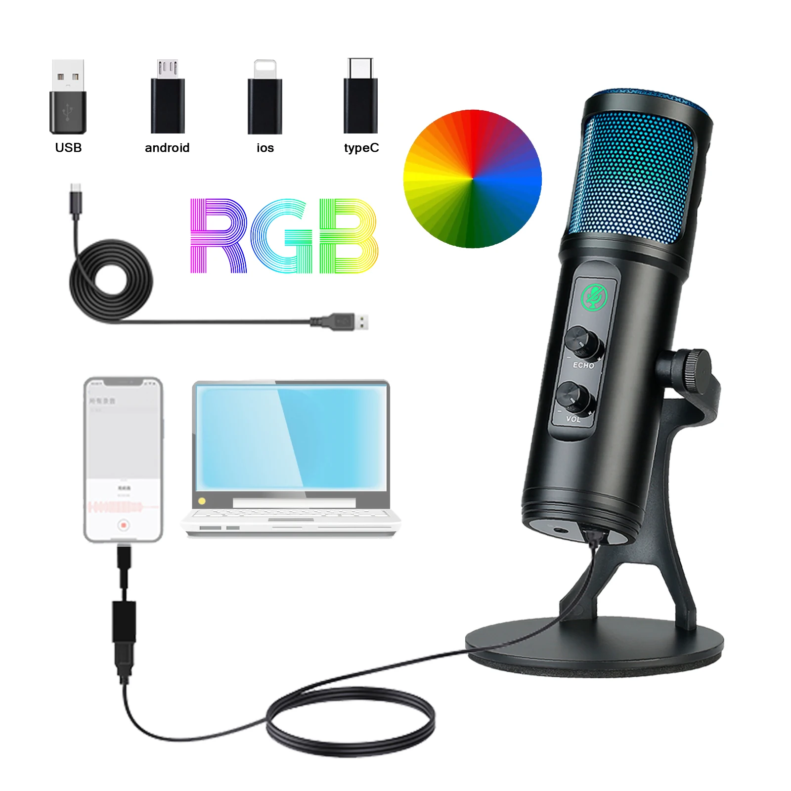 Gaming RGB IOS TYPE C Android USB Microphone Headphone Output And Touch-Mute Button Mic For Recording And Streaming Phone PC Mac