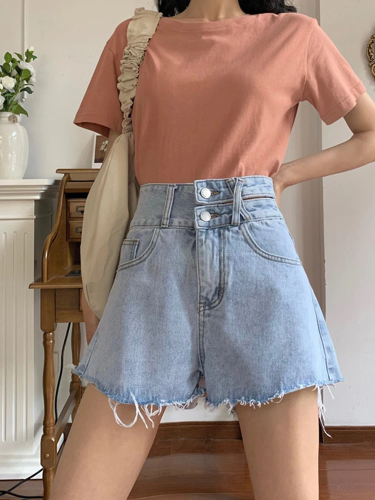 New Summer Women High Waist Wide Leg Raw Hem Blue Denim Shorts Streetwear Female Loose Button Jeans Shorts Bottoms