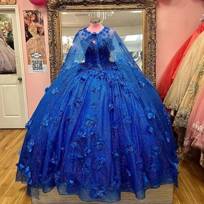 

ANGELSBRIDEP Королевский синий платье Quinceanera с бусинами 3D Цветочная аппликация с накидкой на день рождения танцевальное платье для вечеринки