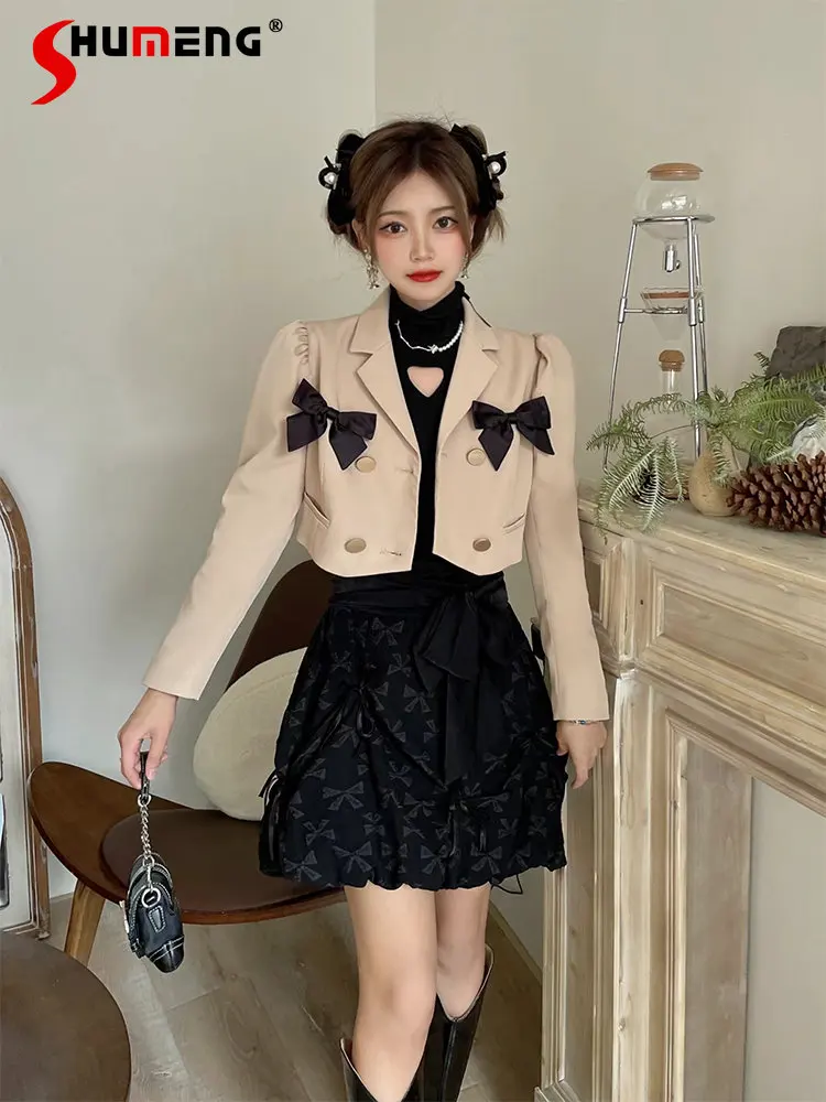 Sweet Beige Blazer 2023 Autumn and Winter New Original Double Breasted Long Sleeve Bow Suit Jacket and Short Skirt Suit Women