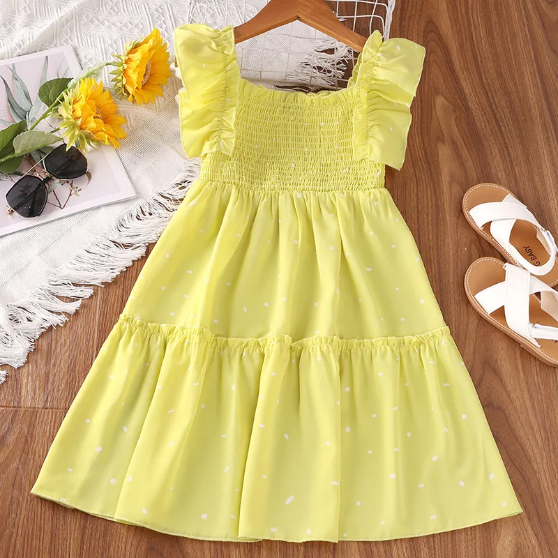 

Baby Girls Princess Dresses Girl 2022 New Dot Fashion Flying Sleeve French Square Neck Dress 5-12 Year Children's Casual Clothes