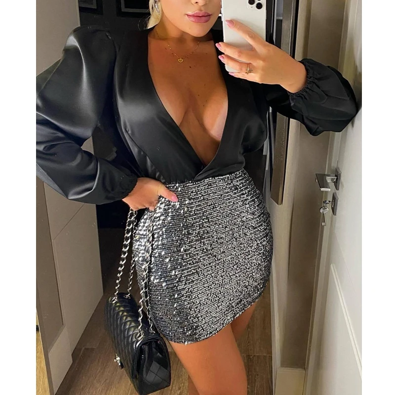 

Women's Dress Autumn Sexy Party Formal Dress Stitching Sequined High Waist Dress Women's Puff Sleeve V-neck Slim Dress