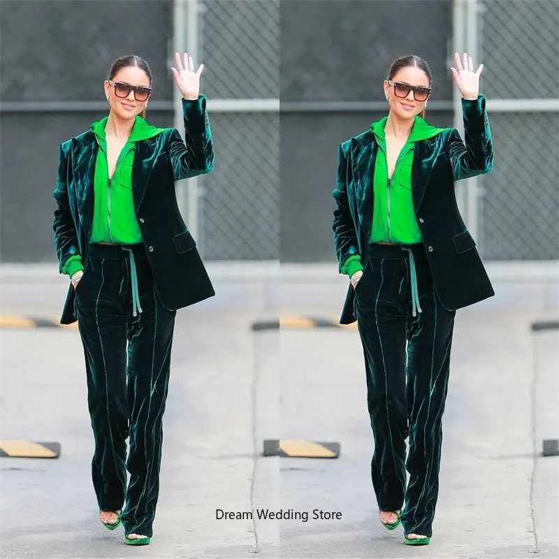 

Green Velvet Women Suits 2023 Autumn Winter Custom Made Casual Single Breasted Blazer+Pant Party Prom Dress 2 Pieces Set