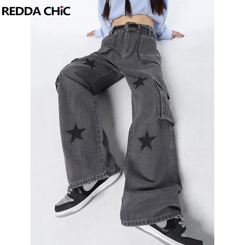 REDDACHiC 6-Pocket Women Cargo Pants Grunge Y2k Star Print Retro Gray Baggy Jeans High Waist Lady Trousers Acubi Fashion Clothes