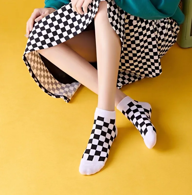 Checkered cotton socks women's boat Socks Student summer socks Elastic Breathable fashion socks