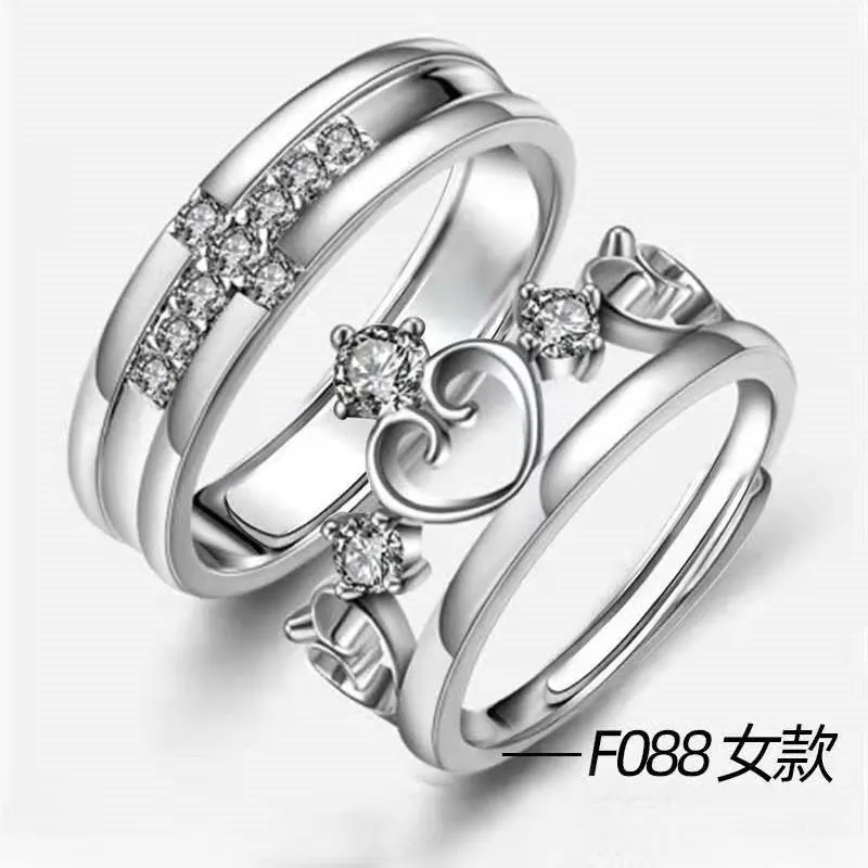 

1 Pair Crown Crystal Couple Rings for Women and Men Wedding Silvery Opening Ring Engagement Adjustable Rings for Boy Girl