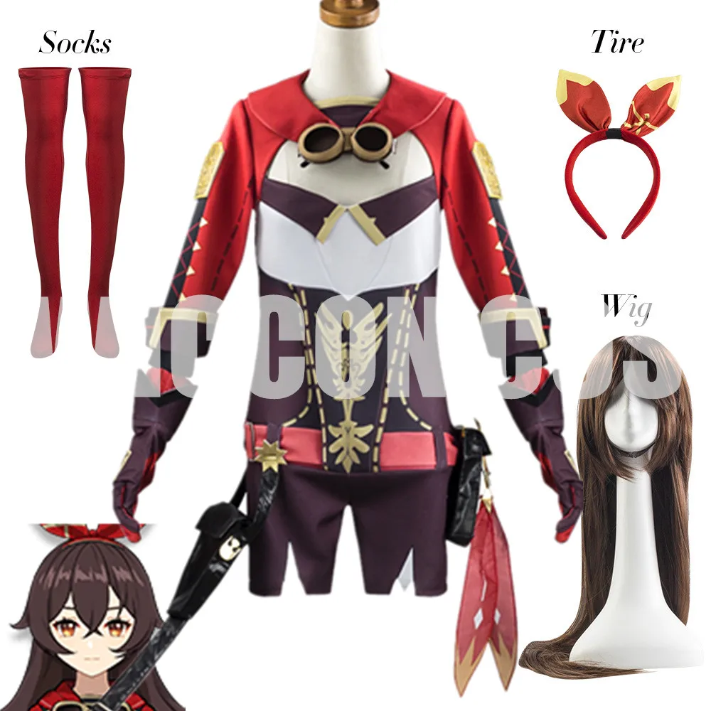 

Anime Game Genshin Impact Amber Cosplay Costume Women Girls Red Suit Jumpsuit Halloween Party Costumes Wig Full Set