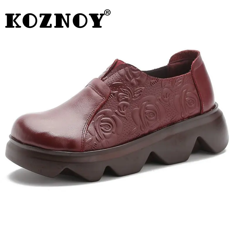 

Koznoy 6cm Ethnic Embossed Natural Genuine Leather Platform Wedge Summer Women Round Toe Leisure Slip on Flats Comfy Lady Shoes