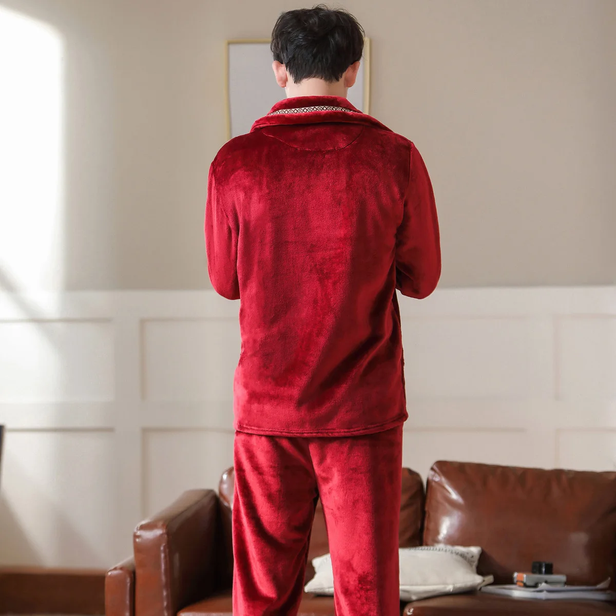 Утолщенная Фланелевая пижама, мужской красный пижамный комплект, одежда для сна с длинным рукавом, пижама, Пижамный костюм, мужской комплек...