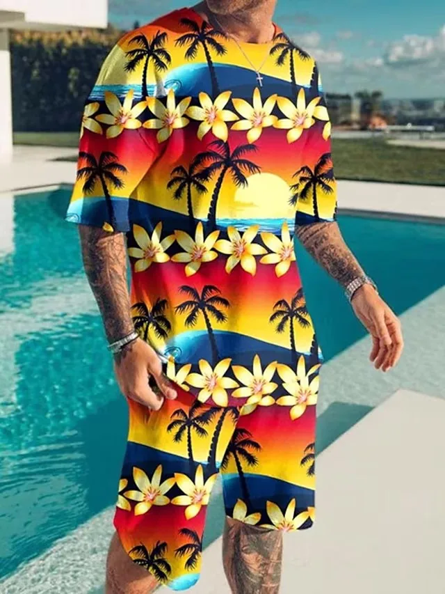 Clothes for Men T-Shirt Suits 3D Printed Fashion Color Design Round Neck Outdoor Street Short Sleeve Ropa Clothing Apparel 2pcs