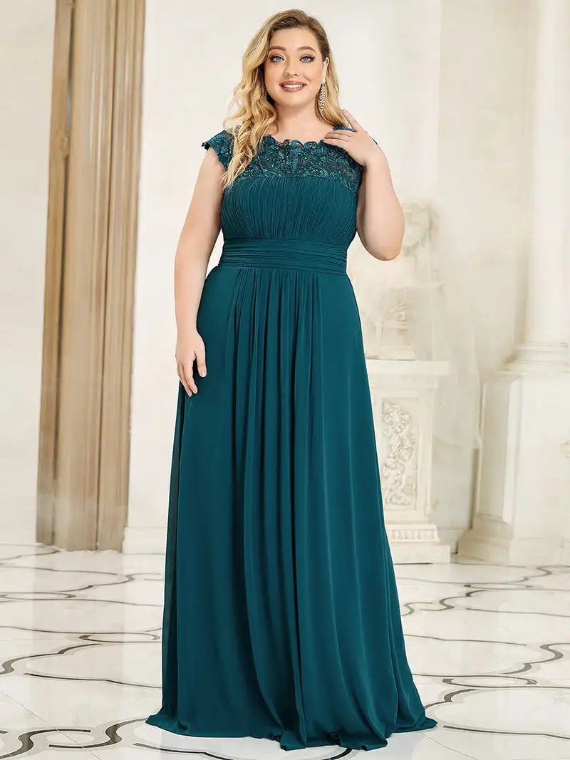 

Plus Size Evening Dress Lacey Neckline Open Back Ruched Bust Floor Length Gown 2023 Ever Pretty of Lacey Teal Prom Women Dress