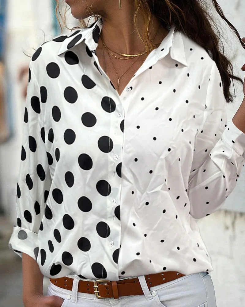 2023 Spring New Women's Tops, White Polka Dot Button Print Long-sleeved Daily Weekend Street Casual Shirt Women