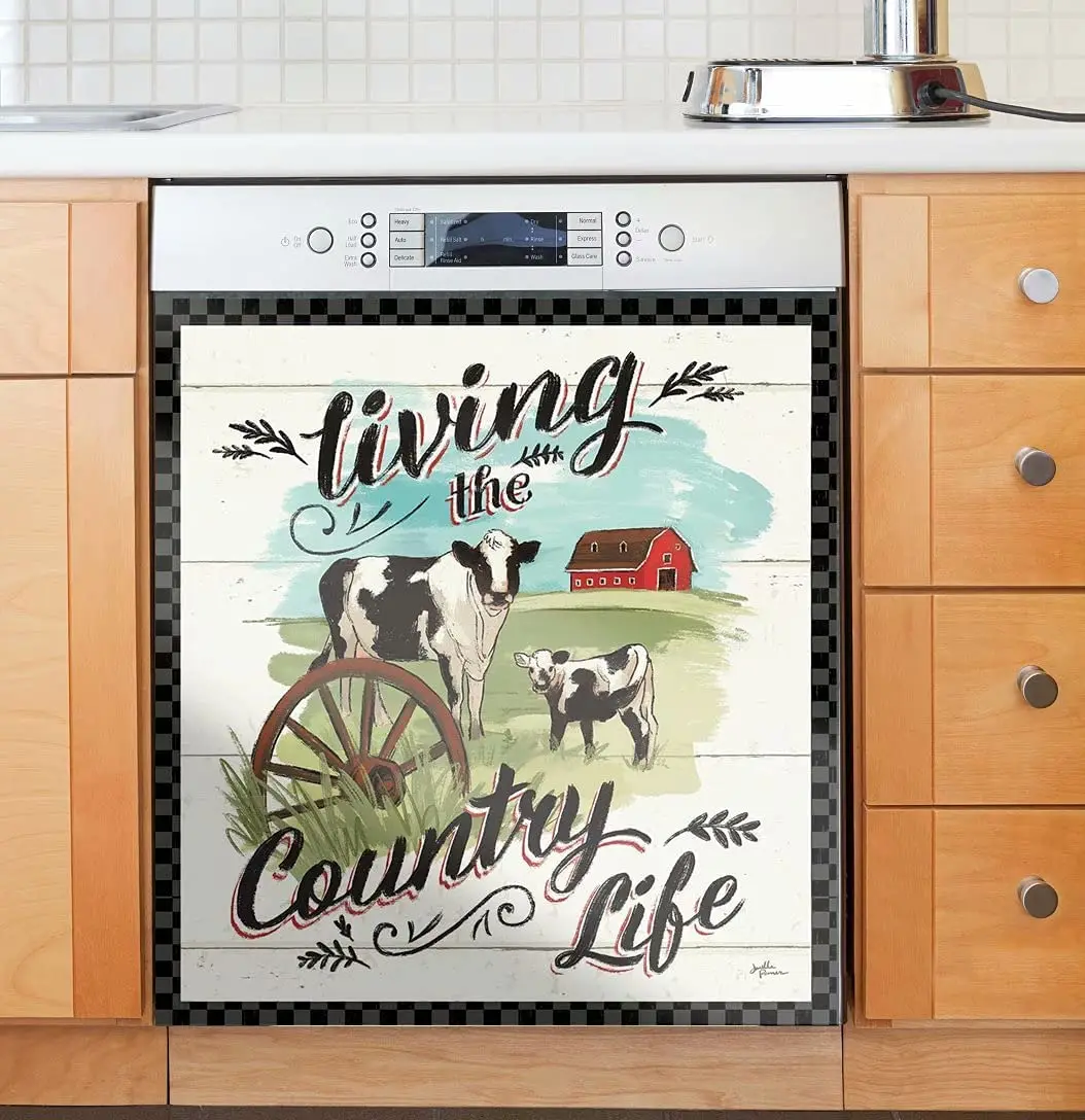 

Dishwasher Magnet Cover Farm Country Cow Sticker,Kitchen Decor Primitive Folk Art Refrigerator Magnetic Decal Panels,Farm Animal