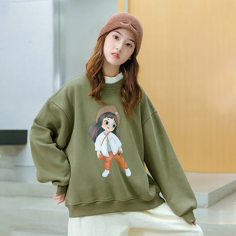 Girls Winter Sweatshirt Fleece Thick Warm Cute Print Mid-collar Teens School Kids Pullovers Casual Sport Tops Children Clothes