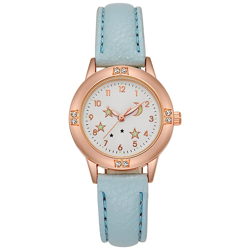 

2022 Rhinestones Luminous Star Kid Watche Girl Student Leather Strap Children's Watch Golden Quartz Women Wristwatch Relogio