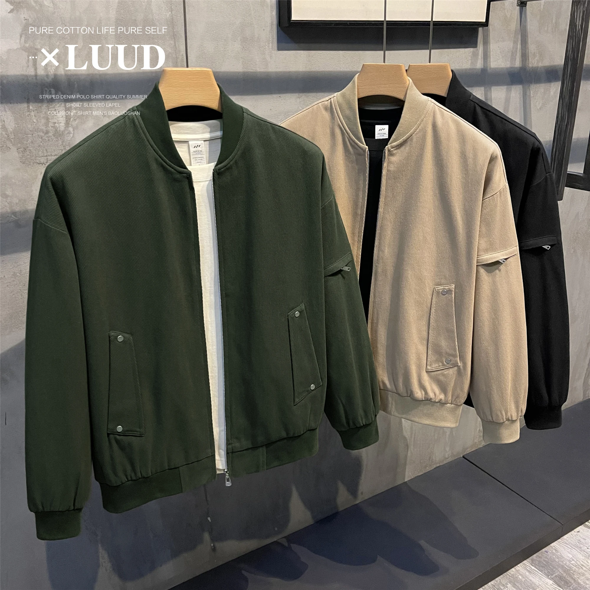 Luud Washed Cotton Retro Cargo Bomber jacket Men's Autumn Trendy Casual Twill Baseball Uniform Outerwear