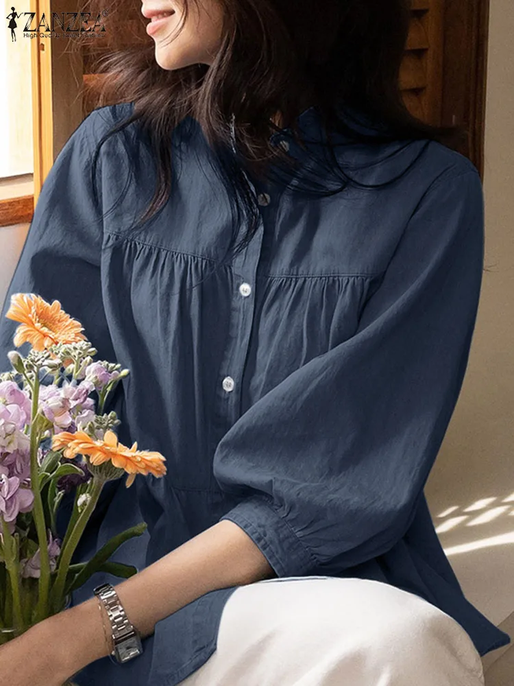 

ZANZEA Fashion Blouse 2023 Summer Women Denim Shirts 3/4 Sleeve Stand Collar Pleated Buttons Casual Loose Solid Ruffled Tops