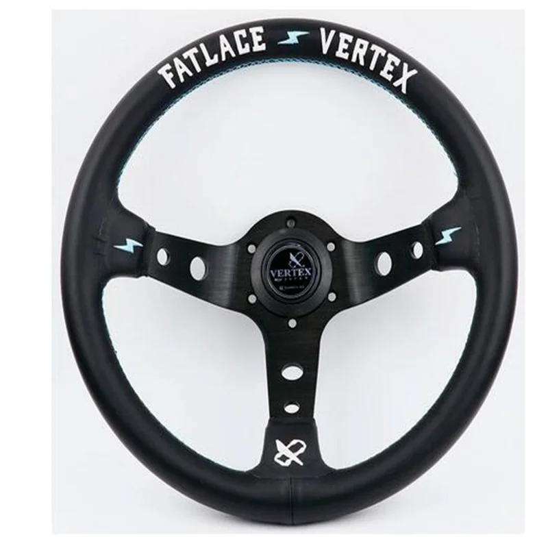 

13inch Vertex White Embroidery Black Genuine Leather Drift Sport Steering Wheel With Blue Stitching