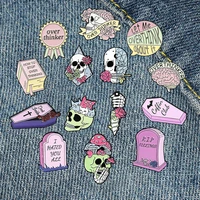 pink series enamel pins overthinker skeleton skull brooch clothes lapel pin cartoon badge jewelry gift for friends drop shipping
