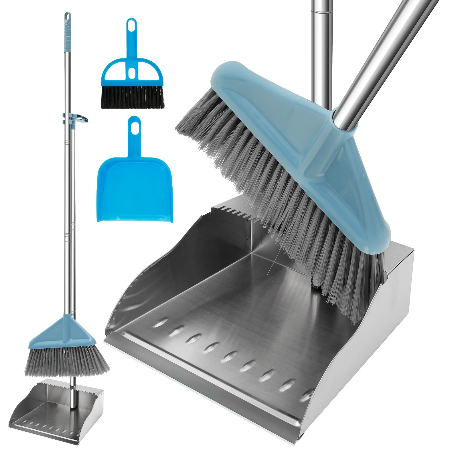 

New 3Pcs Brush and Dustpan Set with Long Handle Stainless Steel Broom Dustpan Combo with Broom Clip Upright Sweeping Brush with