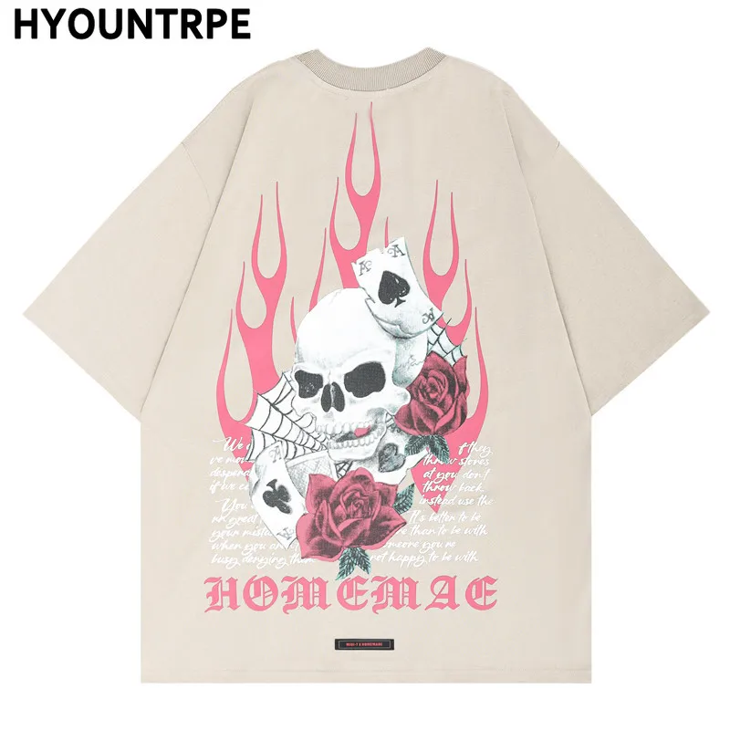 Mens Hip Hop Streetwear T-Shirt Skull Printed T Shirts 2022 Summer Short Sleeve Tshirt Harajuku Cotton Casual Tops Tees Black