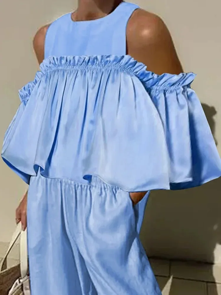 Свободная Женская футболка свободного кроя с открытыми плечами и оборками